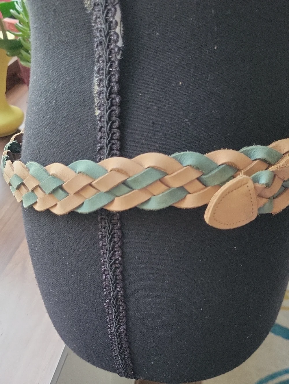 The Limited Braided Leather Tan and Green Belt with Gold Buckle